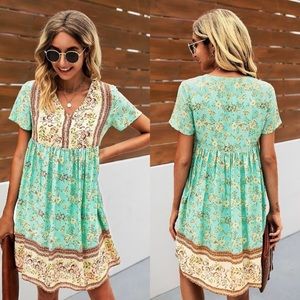 Floral BoHo Style Dress Short Sleeve V-neck midi dress Aqua